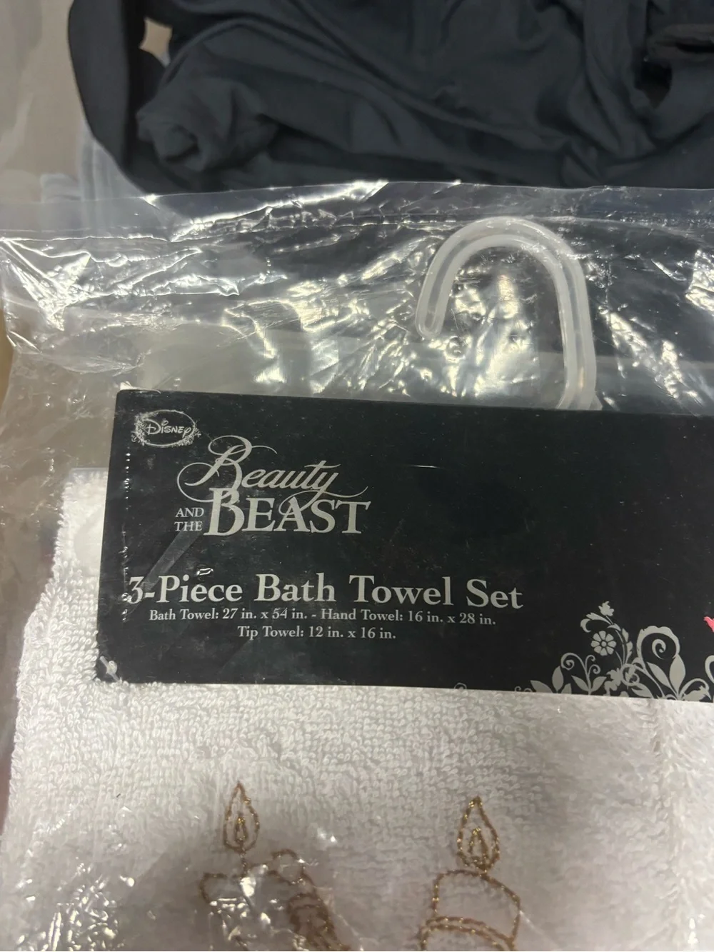 White & Gold Embroidered Bath Towel Set - 3 Piece Beauty & the Beast
